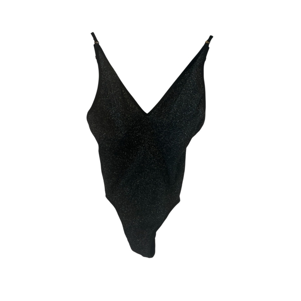 OUT FROM UNDER Bodysuit Small Black Sparkle Stretch V Neck Low Back S